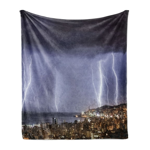 Nature Soft Flannel Fleece Throw Blanket, Majestic View on Coastal Town in Dark Stormy Night Giant Rain Cloud and Photo, Cozy Plush for Indoor and Outdoor Use, 70" x 90", Multicolor, by Ambesonne
