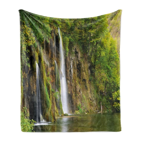 Nature Soft Flannel Fleece Throw Blanket, Majestic Waterfall Flowing down to River in National Park Fresh Landscape, Cozy Plush for Indoor and Outdoor Use, 50" x 60", Green Brown White, by Ambesonne