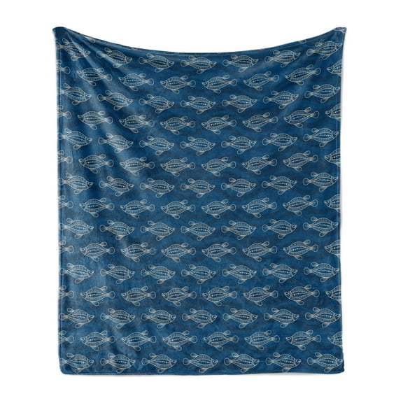 Nature Soft Flannel Fleece Throw Blanket, Marine Animal Shapes with Wave Patterns and Fish Motifs Repetition, Cozy Plush for Indoor and Outdoor Use, 50" x 70", Dark Sky Blue and Ivory, by Ambesonne