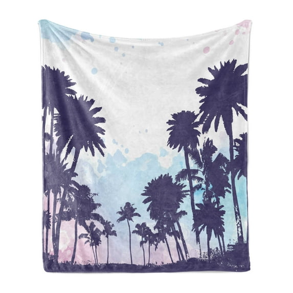 Nature Soft Flannel Fleece Throw Blanket, Miami South American Plant Forest Tropic Natural Palm Trees Work of Art Print, Cozy Plush for Indoor and Outdoor Use, 60" x 80", Blue and White, by Ambesonne