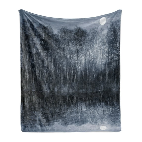 Nature Soft Flannel Fleece Throw Blanket, Night Woodland by the Lake with Moon In Winter Forest Landscape Print, Cozy Plush for Indoor and Outdoor Use, 50" x 60", Purpleblue and Black, by Ambesonne