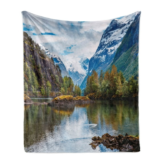 Nature Soft Flannel Fleece Throw Blanket, Norway Mountain Range Snowy Peaks by the Lake Fishing Nordic Northern Landscape, Cozy Plush for Indoor and Outdoor Use, 50" x 60", Multicolor, by Ambesonne