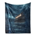 thumbnail image 1 of Nature Soft Flannel Fleece Throw Blanket, Old Nostalgic Wooden Boat Ship During Rain and Thunder Storm Scary Dramatic Scene, Cozy Plush for Indoor and Outdoor Use, 70" x 90", Blue Brown, by Ambesonne, 1 of 5