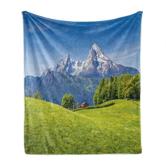 Nature Soft Flannel Fleece Throw Blanket, Pastoral Landscape in Alps with Meadow and Flowers Northern German Heaven Print, Cozy Plush for Indoor and Outdoor Use, 70" x 90", Green Blue, by Ambesonne