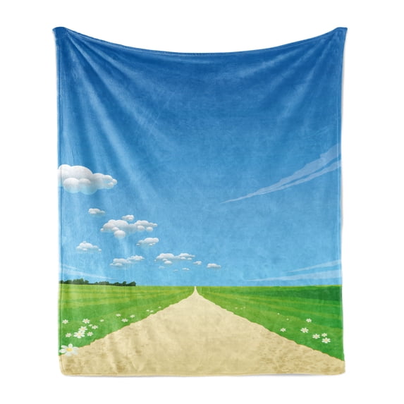 Nature Soft Flannel Fleece Throw Blanket, Path Road Background with Open Sunny Sky Clouds Daisy Flowers Picture, Cozy Plush for Indoor and Outdoor Use, 50" x 70", Sky Blue Green Cream, by Ambesonne