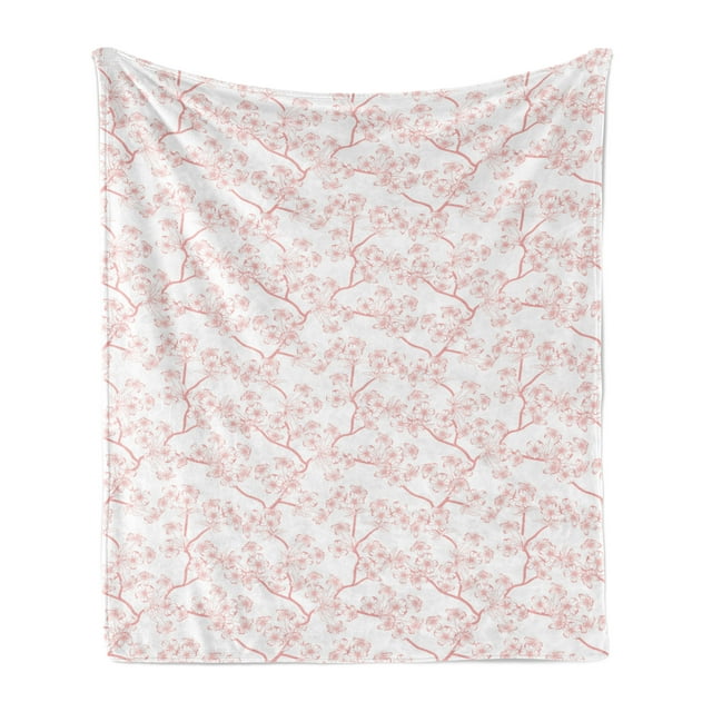 Nature Soft Flannel Fleece Throw Blanket, Pattern with Soft Spring Branches Flourishing Flowers and Leaves Feminine Print, Cozy Plush for Indoor and Outdoor Use, 50" x 70", Coral White, by Ambesonne
