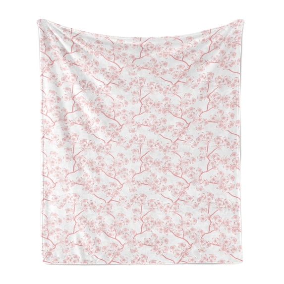 Nature Soft Flannel Fleece Throw Blanket, Pattern with Soft Spring Branches Flourishing Flowers and Leaves Feminine Print, Cozy Plush for Indoor and Outdoor Use, 60" x 80", Coral White, by Ambesonne