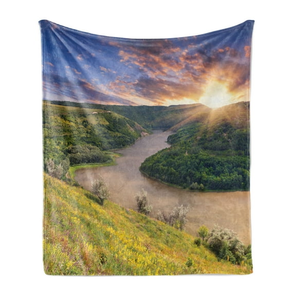 Nature Soft Flannel Fleece Throw Blanket, Rising Sun over Calm Riverbed with Trees and Meadows Shrubs Hillside Cloudy Sky, Cozy Plush for Indoor and Outdoor Use, 60" x 80", Multicolor, by Ambesonne