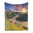thumbnail image 1 of Nature Soft Flannel Fleece Throw Blanket, Rising Sun over Calm Riverbed with Trees and Meadows Shrubs Hillside Cloudy Sky, Cozy Plush for Indoor and Outdoor Use, 70" x 90", Multicolor, by Ambesonne, 1 of 5