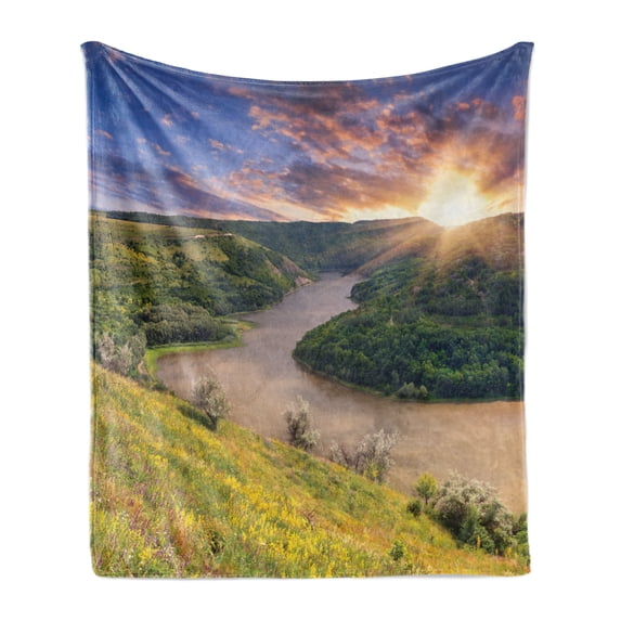 Nature Soft Flannel Fleece Throw Blanket, Rising Sun over Calm Riverbed with Trees and Meadows Shrubs Hillside Cloudy Sky, Cozy Plush for Indoor and Outdoor Use, 70" x 90", Multicolor, by Ambesonne