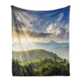 thumbnail image 1 of Nature Soft Flannel Fleece Throw Blanket, Rising Sun Clouds over Forest Hill Woodland Idyllic Countryside View, Cozy Plush for Indoor and Outdoor Use, 50" x 70", Olive Green Blue Yellow, by Ambesonne, 1 of 5