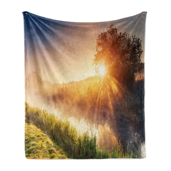 Nature Soft Flannel Fleece Throw Blanket, River with the Grass in Sun Rays Beams Tree Dramatic Ukraine Rural Print, Cozy Plush for Indoor and Outdoor Use, 50" x 70", Multicolor, by Ambesonne