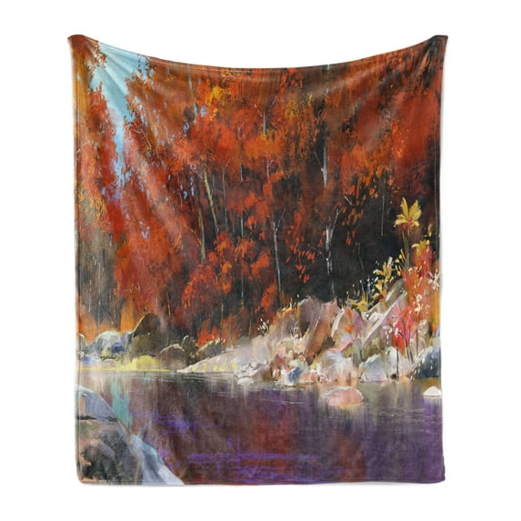Nature Soft Flannel Fleece Throw Blanket, River with Rocks Autumn Forest Peaceful Paint of Scenic Woods Artwork, Cozy Plush for Indoor and Outdoor Use, 50" x 70", Ginger Purple, by Ambesonne