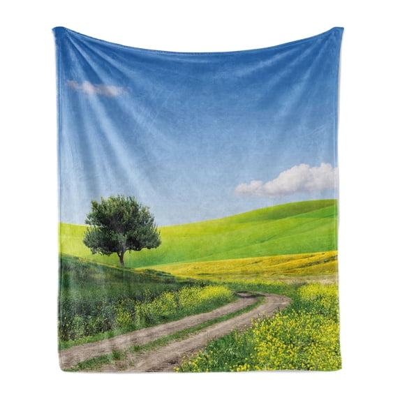 Nature Soft Flannel Fleece Throw Blanket, Rural Country Scenery with Floral Grass Field Tree Idyllic Landscape, Cozy Plush for Indoor and Outdoor Use, 70" x 90", Apple Green Pale Blue, by Ambesonne