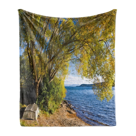 Nature Soft Flannel Fleece Throw Blanket, Small Boat Under Tree by the Lake North Island New Zealand Picturesque View, Cozy Plush for Indoor and Outdoor Use, 70" x 90", Olive Green Blue, by Ambesonne