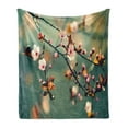 thumbnail image 1 of Nature Soft Flannel Fleece Throw Blanket, Spring Themed Floral Flowering Japanese Cherry Sakura Photo, Cozy Plush for Indoor and Outdoor Use, 60" x 80", Forest Green Pale Pink, by Ambesonne, 1 of 5
