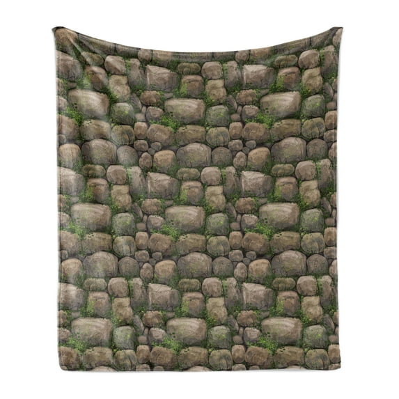 Nature Soft Flannel Fleece Throw Blanket, Stones Covered with Moss Rock Formation Forest Peaceful Theme, Cozy Plush for Indoor and Outdoor Use, 70" x 90", Dark Taupe Fern Green, by Ambesonne