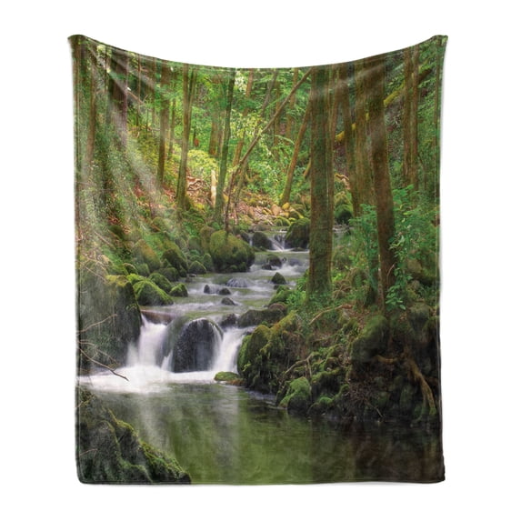 Nature Soft Flannel Fleece Throw Blanket, Stream Flowing in Forest Mossy Rocks Tree Foliage Splash Summertime Hiking, Cozy Plush for Indoor and Outdoor Use, 50" x 70", Apple Green Umber, by Ambesonne