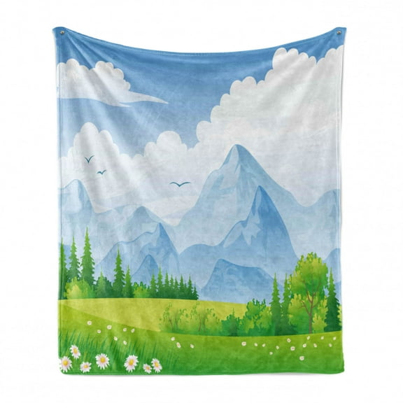 Nature Soft Flannel Fleece Throw Blanket, Summer Meadow with Daisy Flower Field with Mountain Happy Eco Landscape, Cozy Plush for Indoor and Outdoor Use, 50" x 60", Lime Green Pale Blue, by Ambesonne