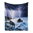thumbnail image 1 of Nature Soft Flannel Fleece Throw Blanket, Summer Storm Bolts over the Rocks in Ocean Nightmare Theme Weather Nature Image, Cozy Plush for Indoor and Outdoor Use, 60" x 80", Purple Grey, by Ambesonne, 1 of 5