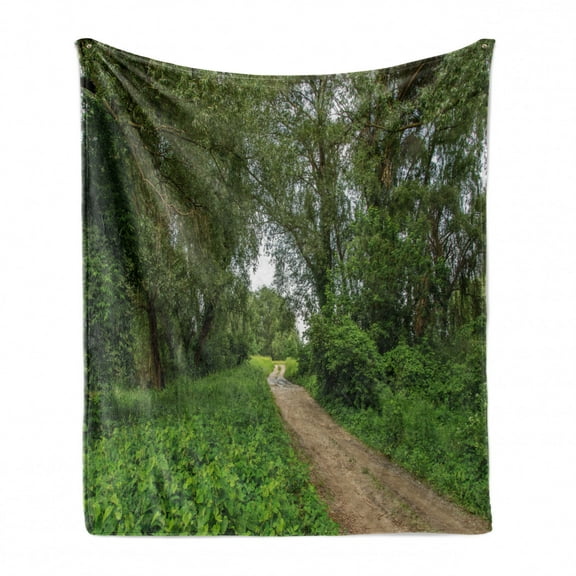 Nature Soft Flannel Fleece Throw Blanket, Sunny Day in the Forest Foliage Summer Season Meadow Field Serene Landscape, Cozy Plush for Indoor and Outdoor Use, 50" x 60", Umber Fern Green, by Ambesonne