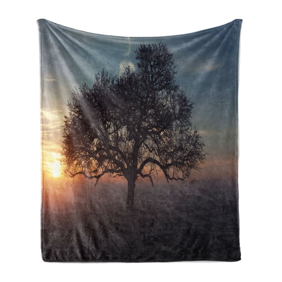 Nature Soft Flannel Fleece Throw Blanket, Sunrise Scenery Out in the Nature in a Deserted Setting Big Tree Silhouette, Cozy Plush for Indoor and Outdoor Use, 50" x 70", Multicolor, by Ambesonne