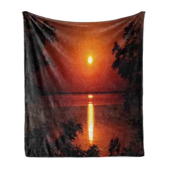 Nature Soft Flannel Fleece Throw Blanket, Sunset Horizon Skyline Reflection on the Sea Rural Fresh Dramatic View, Cozy Plush for Indoor and Outdoor Use, 50" x 60", Red Scarlet Vermilion, by Ambesonne