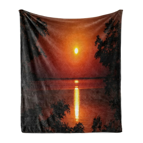 Nature Soft Flannel Fleece Throw Blanket, Sunset Horizon Skyline Reflection on the Sea Rural Fresh Dramatic View, Cozy Plush for Indoor and Outdoor Use, 60" x 80", Red Scarlet Vermilion, by Ambesonne