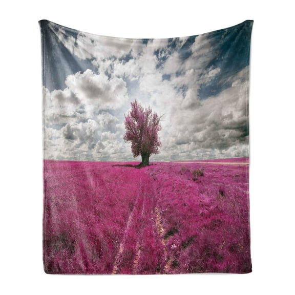 Nature Soft Flannel Fleece Throw Blanket, Surreal Enchanted Oniric Meadow with Single Tree Idyllic Unusual Scene, Cozy Plush for Indoor and Outdoor Use, 60" x 80", Fuchsia Petrol Blue, by Ambesonne