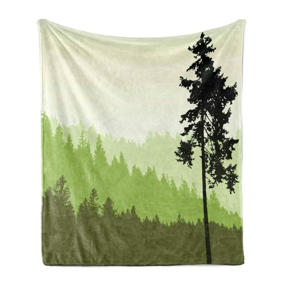 Nature Soft Flannel Fleece Throw Blanket, Nature Theme Pine Tree Silhouette on an Abstract Style Background, Cozy Plush for Indoor and Outdoor Use, 70" x 90", Lime Green Army Green, by Ambesonne