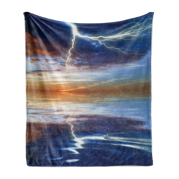 Nature Soft Flannel Fleece Throw Blanket, Thunder over the Sea with Reflections Storm Theme Mother Earth Theme Image, Cozy Plush for Indoor and Outdoor Use, 70" x 90", Orange Blue, by Ambesonne