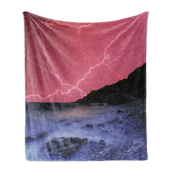 Nature Soft Flannel Fleece Throw Blanket, Thunderstorm Bolts with Vibrant Colorful Sky Like Solar Phenomenal Nature Picture, Cozy Plush for Indoor and Outdoor Use, 70" x 90", Pink Grey, by Ambesonne