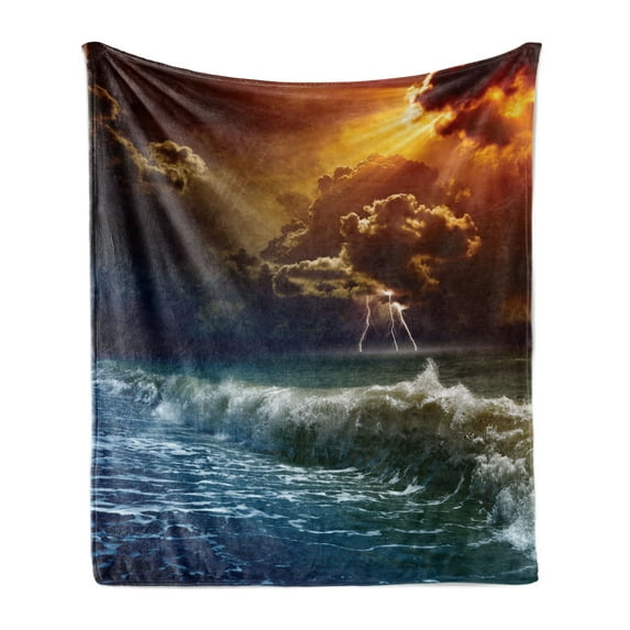 Nature Soft Flannel Fleece Throw Blanket, Thunderstorm Themed Rays over the Ocean Waves Wild Forces in the Air Print, Cozy Plush for Indoor and Outdoor Use, 70" x 90", Orange and Blue, by Ambesonne