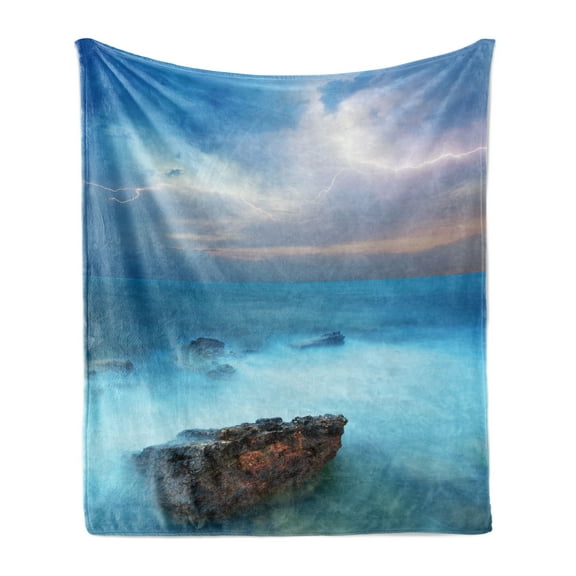 Nature Soft Flannel Fleece Throw Blanket, Tropic Sea with Rocks and Storm in the Air Tranquil but Dangerous Epic Scenery, Cozy Plush for Indoor and Outdoor Use, 50" x 70", Turquoise, by Ambesonne