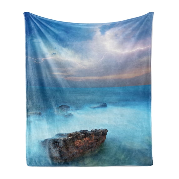 Nature Soft Flannel Fleece Throw Blanket, Tropic Sea with Rocks and Storm in the Air Tranquil but Dangerous Epic Scenery, Cozy Plush for Indoor and Outdoor Use, 70" x 90", Turquoise, by Ambesonne