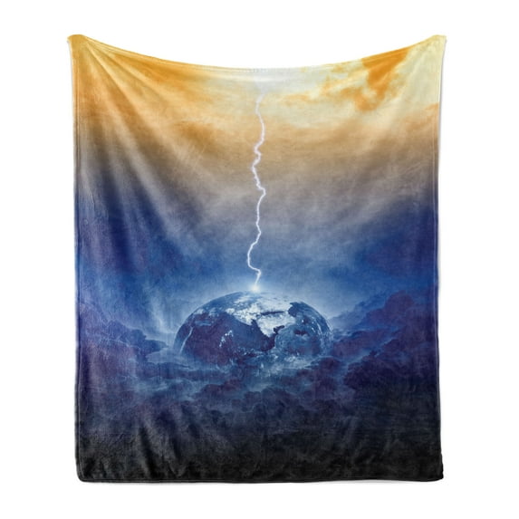 Nature Soft Flannel Fleece Throw Blanket, Vertical Shot of Big Bolt Hits Planet Earth Dramatic Sky Energy Atmosphere Art, Cozy Plush for Indoor and Outdoor Use, 50" x 70", Yellow Blue, by Ambesonne