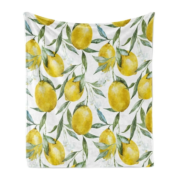 Nature Soft Flannel Fleece Throw Blanket, Vibrant Citrus Branch with Blooms Delicious Plant Garden Watercolor Print, Cozy Plush for Indoor and Outdoor Use, 70" x 90", Olive Green Yellow, by Ambesonne