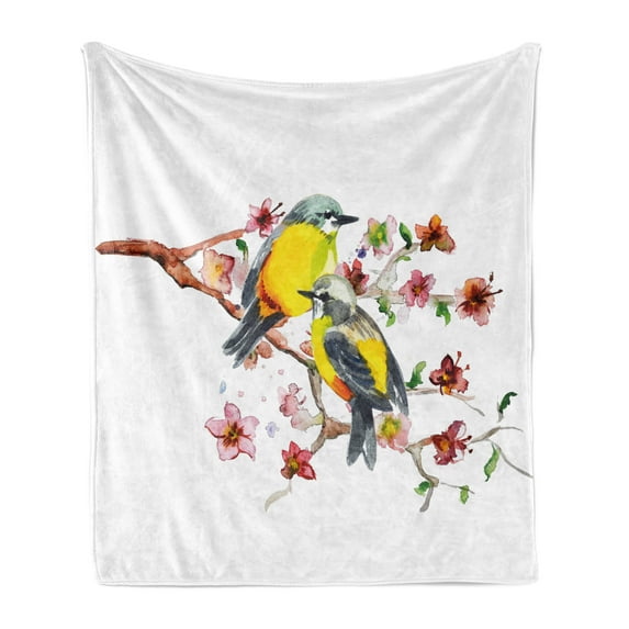Nature Soft Flannel Fleece Throw Blanket, Watercolor Style Effect Drawing of Birds on the Branches and Flowers Print, Cozy Plush for Indoor and Outdoor Use, 50" x 70", Brown and Yellow, by Ambesonne