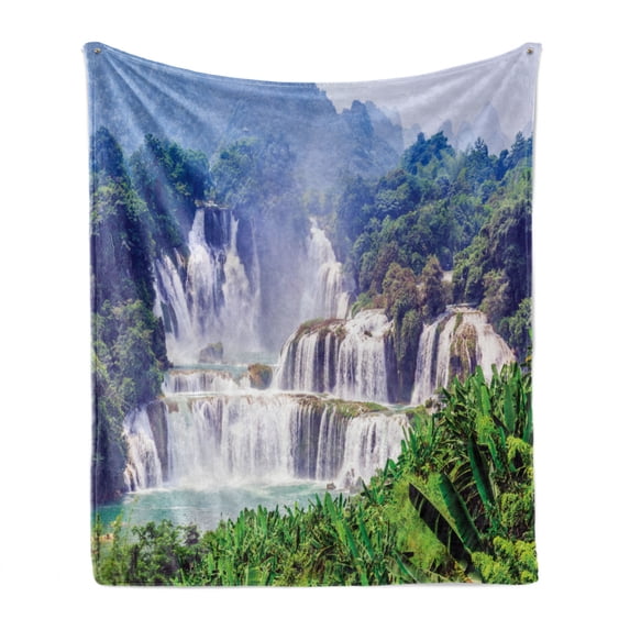Nature Soft Flannel Fleece Throw Blanket, Waterfall Exotic Tropical Leaves Natural Swimming Pool Water Picture, Cozy Plush for Indoor and Outdoor Use, 70" x 90", Forest Green Pale Blue, by Ambesonne