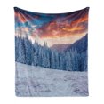 thumbnail image 1 of Nature Soft Flannel Fleece Throw Blanket, Winter Snowy Mountain Valley with Pines Sunset Sky Idyllic Landscape, Cozy Plush for Indoor and Outdoor Use, 50" x 70", Sky Blue Salmon, by Ambesonne, 1 of 6