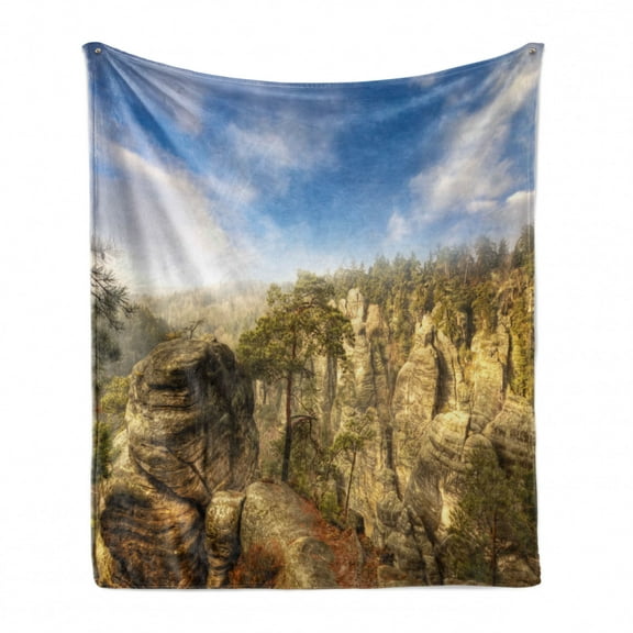 Nature Soft Flannel Fleece Throw Blanket, Wonders of the World National Park Rock Formation Czech Image, Cozy Plush for Indoor and Outdoor Use, 50" x 70", Olive Green Sky Blue, by Ambesonne
