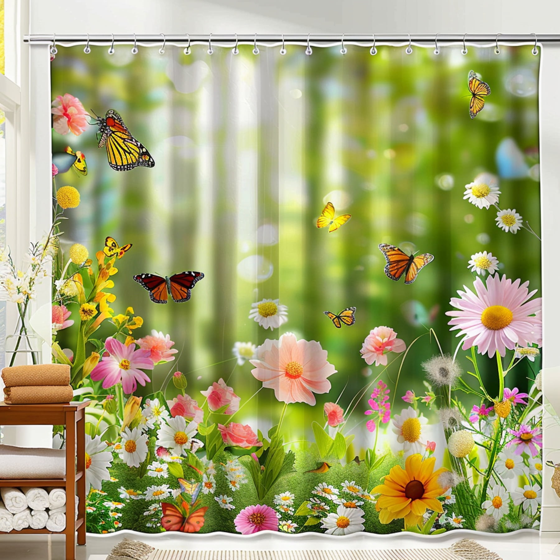 Nature Spring Flowers Butterflies Meadow Garden Bathroom Curtain Design