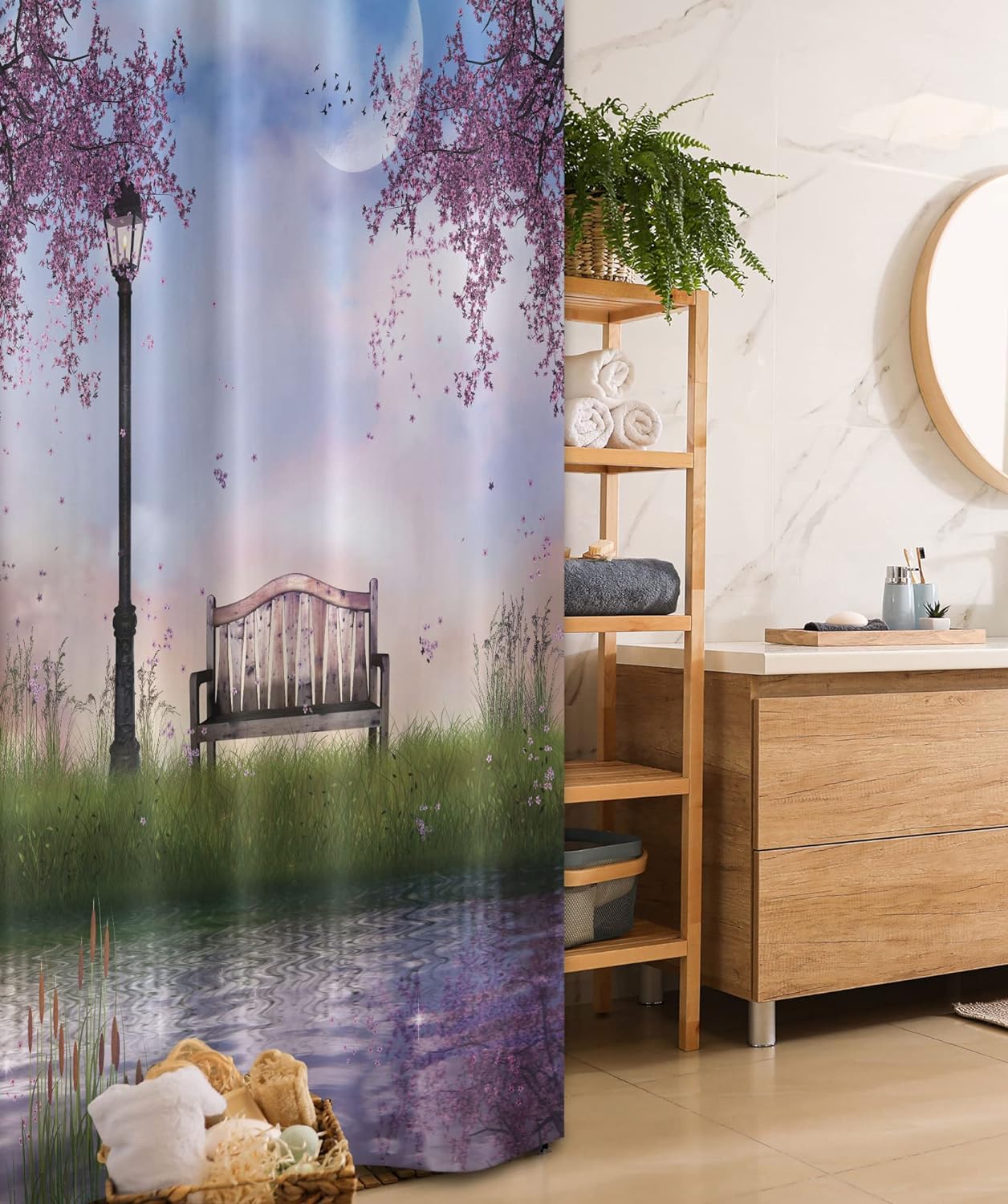 Nature Stall Shower Curtain, Bench on Flowing River with Crescent Moon
