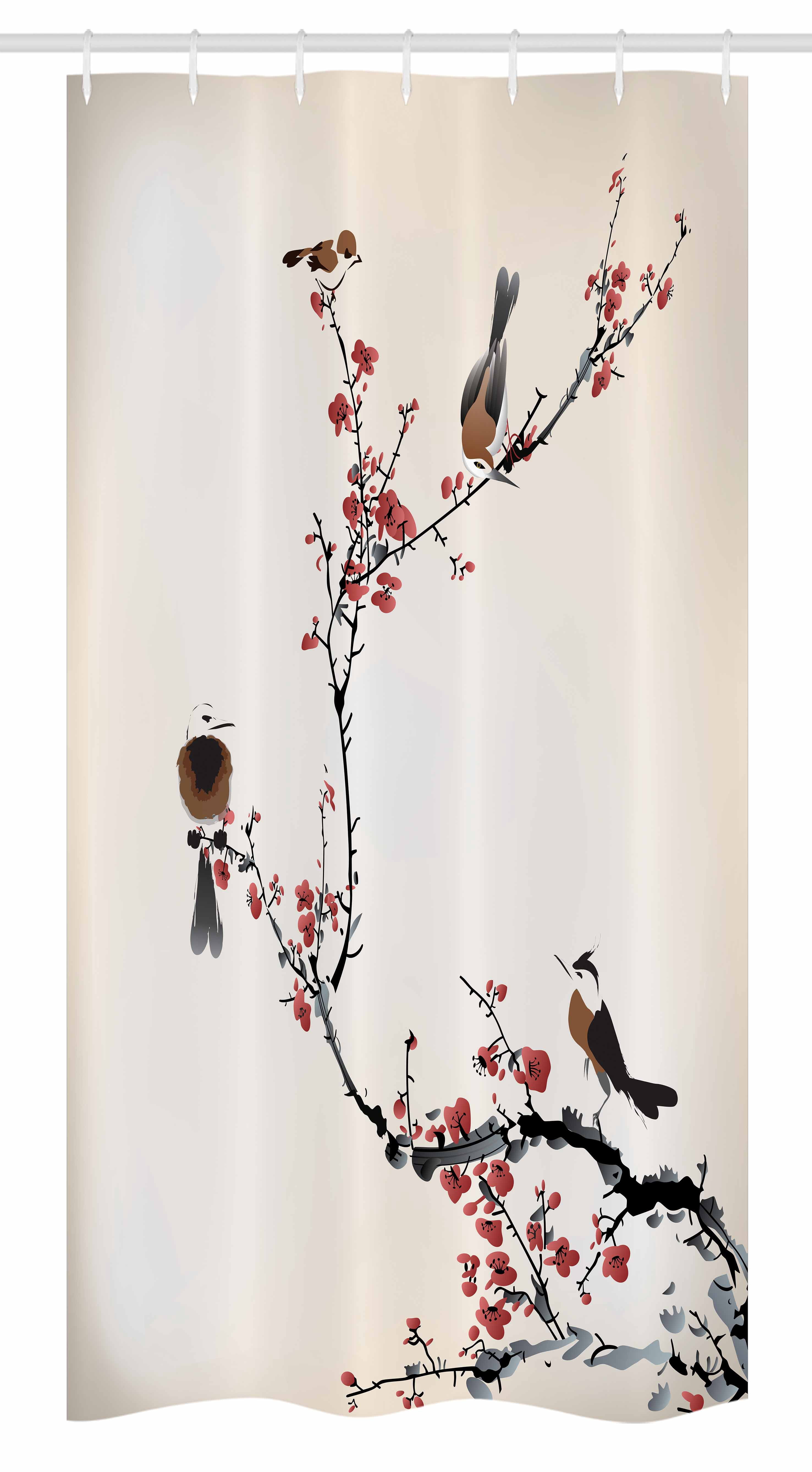 Nature Stall Shower Curtain, Birds on Cherry Tree Branches Summer Classic Oriental Artful Illustration, Fabric Bathroom Set with Hooks, 36W X 72L Inches Long, Ruby Pale Caramel, by Ambesonne