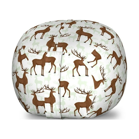 Nature Storage Toy Bag Chair, Pattern of Repetitive Deer Silhouettes Wildlife Forest Themed Animal Art, Stuffed Animal Organizer Washable Bag, Small Size, Umber Pale Green White, by Ambesonne