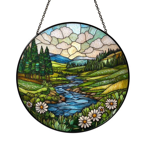 Nature Stream and Forest Window Sun Catcher, Bright Stained Glass Style Decor, Thoughtful Home Gift