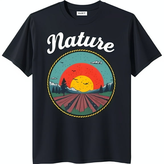 Nature Sunset Graphic Black T-Shirt with Floral Design and Yellow Rope Outline