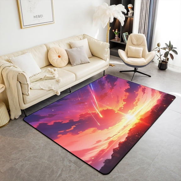 Nature Sunset View Ultra Soft Rugs,Watercolor Purple Orange Gradient Romantic Sun Non-Slip Rugs For Playroom Bedroom Decor,Urban Building Indoor Mat Rug 1x2ft