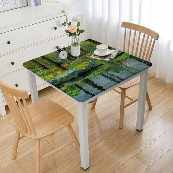 Nature Tablecloth, Forest with Lake Pastoral Flowerbed Picture, Dining Room Kitchen Rectangular Table Cover
