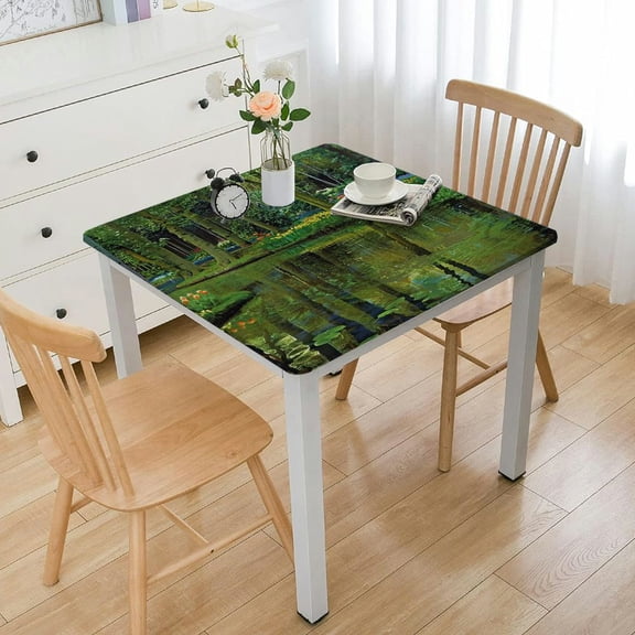 Nature Tablecloth, Forest with Lake Pastoral Flowerbed Picture, Rectangular Table Cover for Dining Room Kitchen Decor